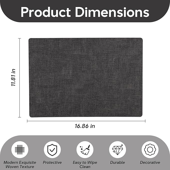 Vinyl Placemats Set of 4 - Faux Leather 100% Waterproof Oil-Proof Wipeable PU Place Mats, Heat Resistant Reversible Table Mats for Kitchen, Dining, Outdoor (Black)