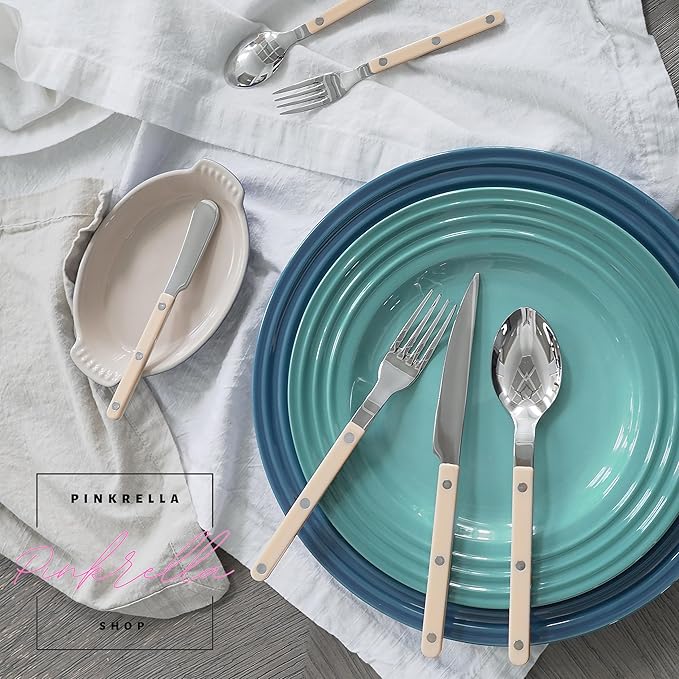 6-Piece Stainless Steel Flatware Silverware Cutlery Set - Color Handle with Rivet/Retro Style - Includes Dinner Knife; Dinner Fork; Salad Fork; Soup Spoon; Teaspoon; Spreader (IVORY)