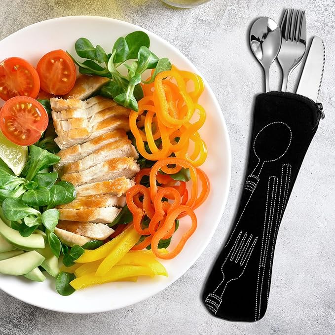 Jutom 7 Pcs Portion Control Serving Utensils Set Bariatric Management Silverware Serving Spoons Forks Knives with Fabric Storage Bag for Weight Loss, Gastric Bypass, Diabetes