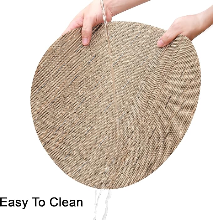 Round Placemats Set of 4 Heat Resistant Vinyl Placemats 15 inch Washable Non-Slip Table Mats Woven Place Mats for Dining Table (Light Brown, Set of 4)