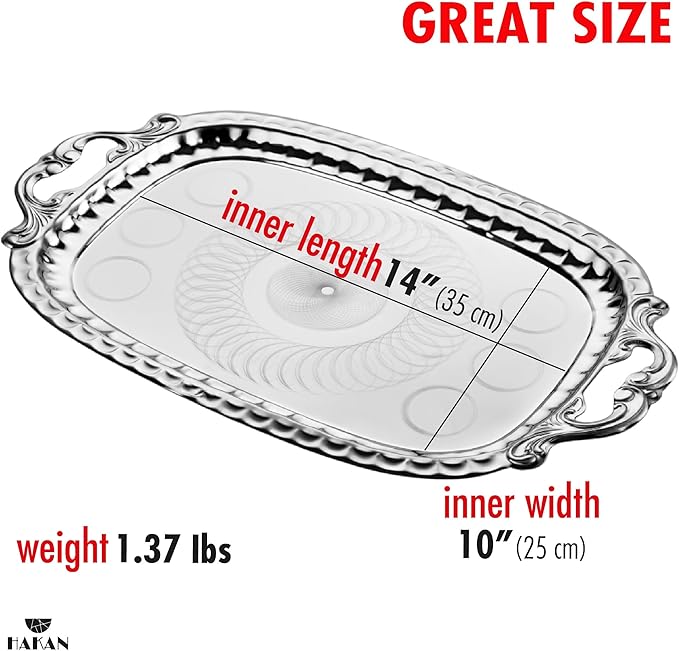 Hakan Stainless Steel Serving Tray with Handles, 19 x 11.6-inch Ornamental Rectangular Decorative Design Platter for Table. Party, Centerpiece Platter, Antique Wedding Decor, Silver