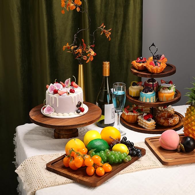 7 Pcs Wood Dessert Table Display Set Wooden 3 Tie Cupcake Stands Rustic Round Cake Stand Wood Dessert Serving Trays for Christmas Party Baby Shower Wedding Birthday(Brown)