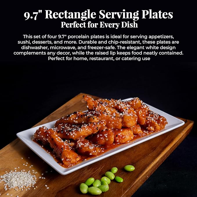 9.7" Rectangle Serving Plates, Ideal for Serving Your Favorite Platter Sized Perfectly for Appetizer, Sushi, Tapas, Taco, Dessert Platters, Raised Lip White Porcelain Tray - Set of 4