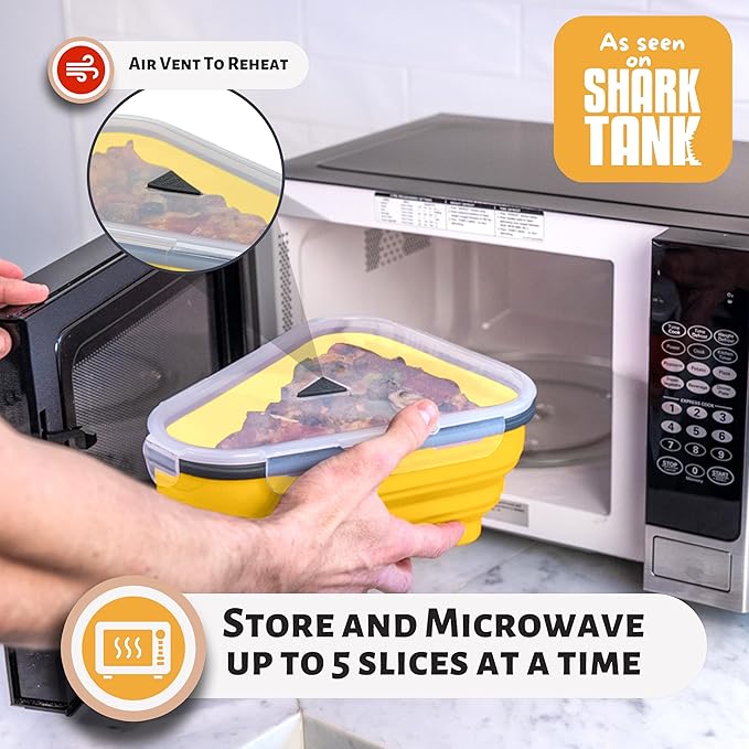 The Perfect Pizza Pack™ - Reusable Pizza Storage Container with 5 Microwavable Serving Trays - BPA-Free Adjustable Pizza Slice Container to Organize & Save Space, Yellow