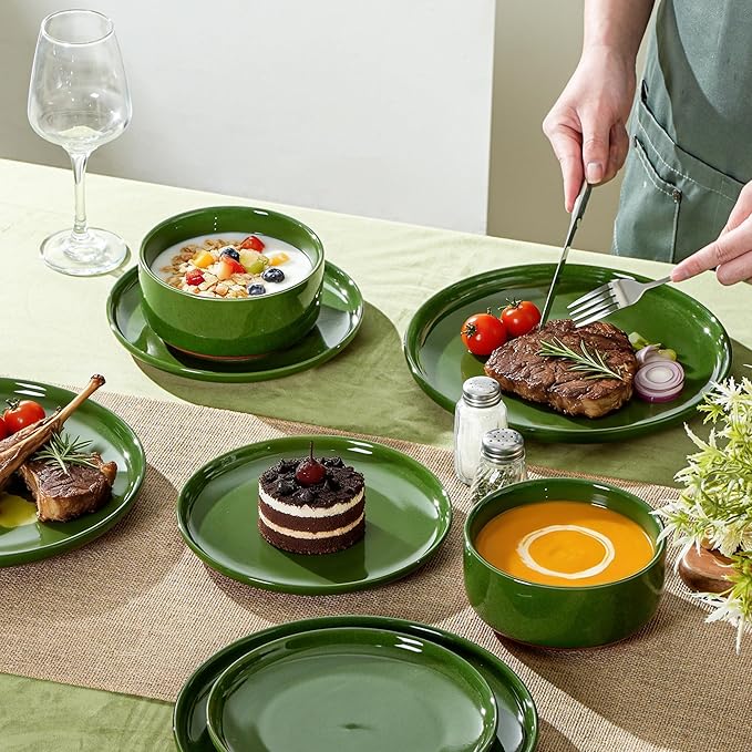 Plates and Bowls Sets, 12 Piece Ceramic Dinnerware Set for Family and Gatherings,Dishes Set for 4,Dishwasher & Microwave Safe, Handcrafted Dishware Sets，Elegant Green