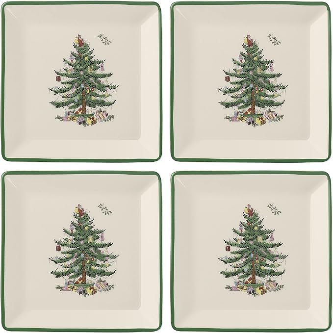 Spode Christmas Tree Tidbit Square Plates (Set of 4) - Festive 5-Inch Ceramic Plates for Canapés, Sweets, and Desserts - Dishwasher, Microwave, Freezer Safe - Excellent for Holiday Entertaining