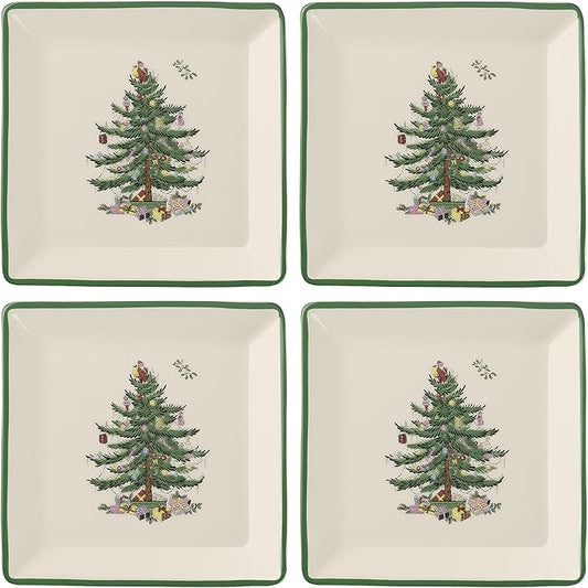 Spode Christmas Tree Tidbit Square Plates (Set of 4) - Festive 5-Inch Ceramic Plates for Canapés, Sweets, and Desserts - Dishwasher, Microwave, Freezer Safe - Excellent for Holiday Entertaining