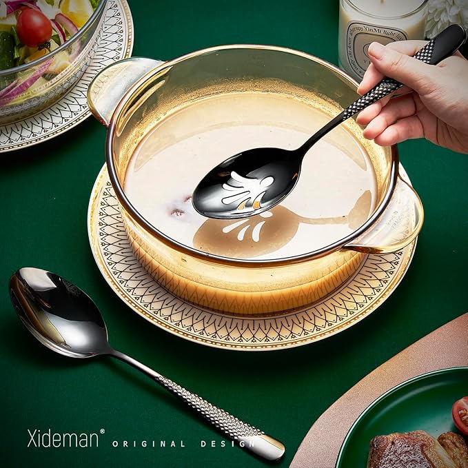 Xideman® 7-Piece Hammered 18/10 Stainless Steel Silverware Serving Utensil Set - Hostess Flatware with Cake Knife & Cake Server (Black)