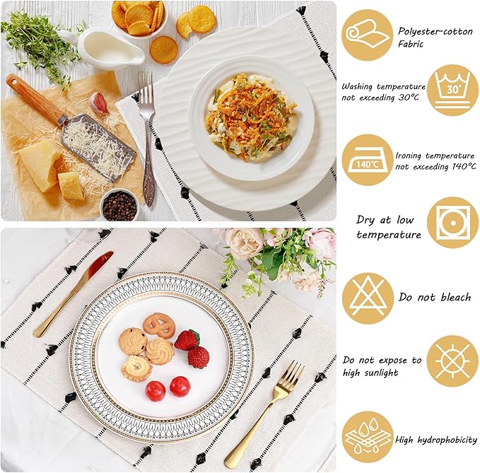 Placemats Set of 8 for Dining Table, Woven Cloth Place Mats for Modern Boho Farmhouse Kitchen Tabletop Decor, Rectangle Washable Polyester-Cotton Table Mats, Black and White Placemats, 13×17.5 inch