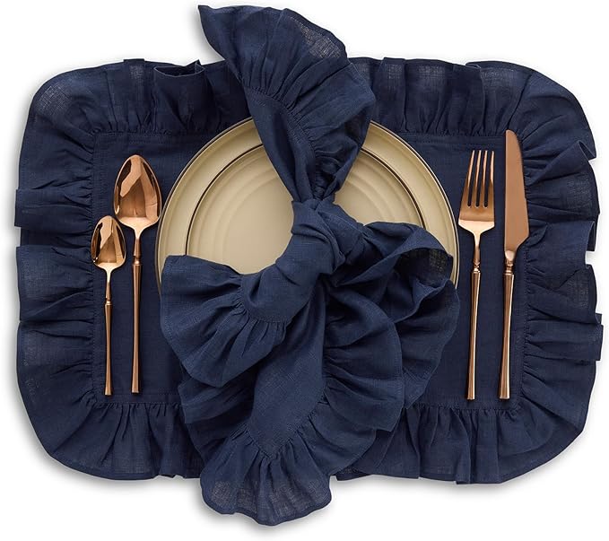 Solino Home Linen Ruffle Napkins Set of 4-100% Pure Linen Navy Blue Dinner Napkins Cloth 20 x 20 Inch for Winter - Gabrielle Ruffle, Handcrafted and Machine Washable