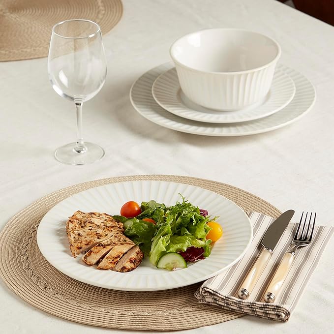 Tabletops Gallery Richmond 12-Piece Reactive Glaze Stoneware Dinnerware Set of Kitchen Dishes, Dinner Plates, Cereal Bowls, Service for 4, White