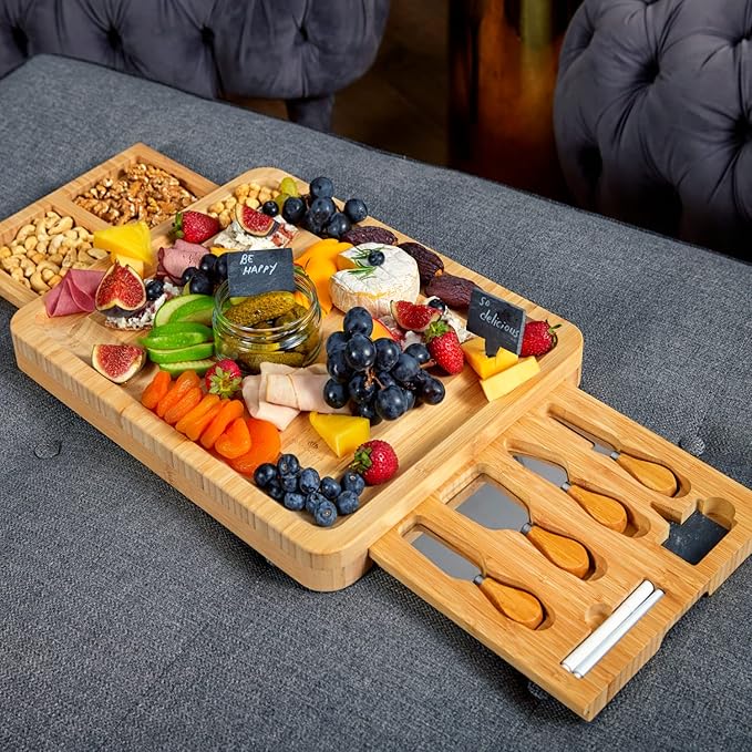 RoyalHouse Unique Bamboo Cheese Board and Knife Set with 2 Slide-Out Cutlery Drawers - Charcuterie Boards Set - Birthday Gifts for Women, Wedding Gifts for Couples 2025, Bridal Shower Gifts