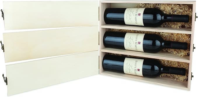 Twine Newlywed's Anniversary Wooden Gift Box with Lids and Brass Latches, Fits 3 Standard Wine Bottles, Wedding Keepsake Boxes, Decorative Storage Case for Mementos