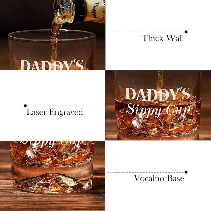PONPUR Gifts for Dad Men Christmas, Daddy's Sippy Cup Whiskey Glass, Funny Birthday Gag Dad Husband Gifts Ideas from Daughter Son Kids, Stocking Stuffers, Bourbon Scotch Gift for Expecting Father