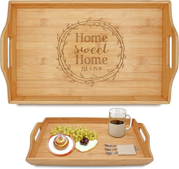 Personalized Bamboo Wood Serving Tray with Handles, Engraved Wooden Trays, Wedding Gifts, Housewarming Gifts (Home Sweet Home)