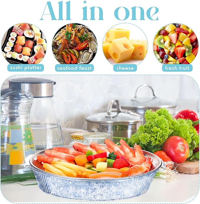 Baderke 1 Set 10" Chilled Serving Tray for Parties with Compartments and Lid Ice Chilled Platter Charcuterie Serving Board for Fruit Seafood Vegetable Appetizer Shrimp Cocktail (Silver)