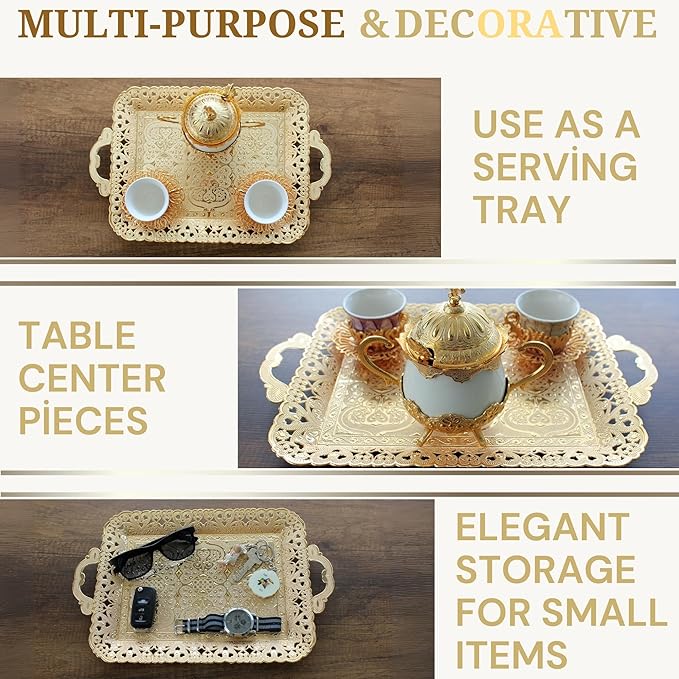 Turkish Vintage Style Entertaining Tray - |15.4” x 10.2”Multi-Purpose, Non-Tarnishing, Zamak Alloy, Decorative Ottoman Style - Rectangular Serving Tray for Coffee & Beverages (Gold)