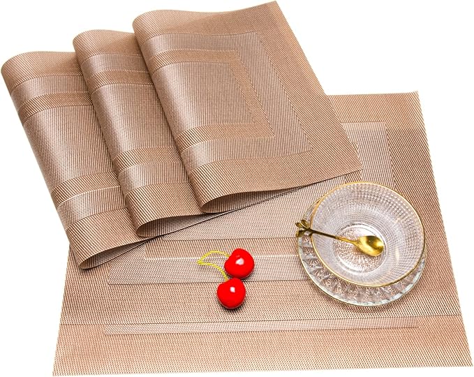 Placemats,PlasticVinyl Washable Heat-Resistant Durable PVC Non-Slip Woven for Kitchen Dining Table Mats (Set of 6, Champagne)