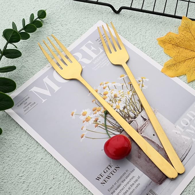 Knives and Forks Set Flatware Set Korean Silverware SUS304 Stainless Steel Kitchen Dinnerware Portable Utensils for Home, Camping Restaurant Christmas Gift - Shiny Gold