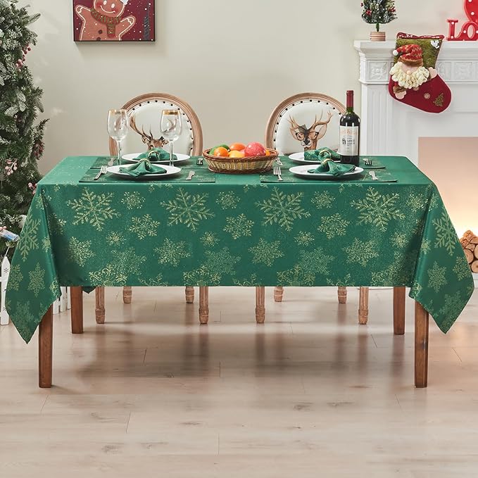 Rectangle Fancy Metallic Sparkling Snowflake Christmas Fabric Table Cloth red Hunter Gold Navy White Silver No-Iron Soil Resistant Woven Holiday Table Cover(Hunter Gold/60x104Inch)