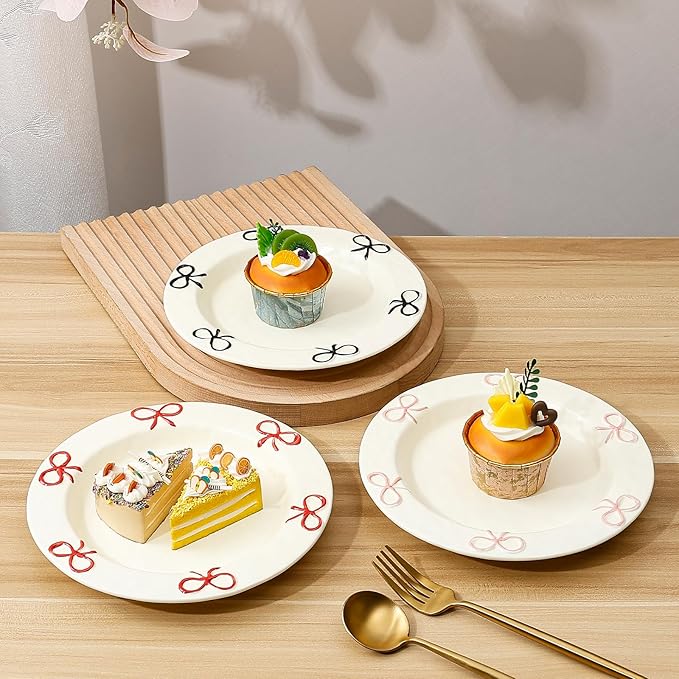 Koythin 8-inch Ceramic Dinner Plates with Bow Design, Microwave Safe - Modern Rustic Serving Dishes for Pasta, Salad, Dessert, Fruits & Appetizers (Red)