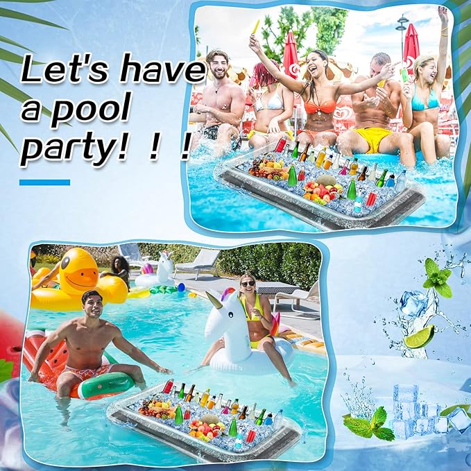 3 Pcs Inflatable Serving Bar Salad Ice Tray Food Drink Candy Buffet Containers Picnic Pool Inflatable Cooler with a Drain Plug and a Hand Pump, 53 x 23.6 x 4.7 Inch(Silver)