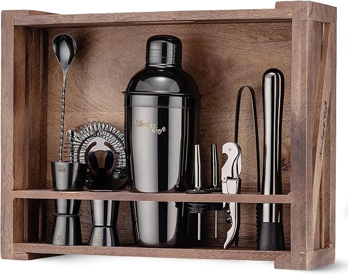 Mixology & Craft 11-Piece Cocktail Shaker Set with Wood Stand | Complete Cocktail Kit Gift Set | Top Bartender Gifts for Men & Women | Leak-Proof Tools (Gun-Metal Black)