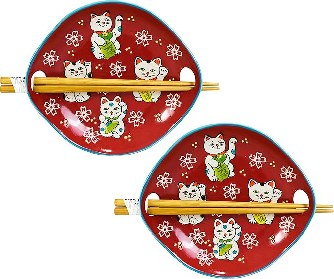 Ebros Red Maneki Neko Lucky Cat Appetizer Snack Serving Coupe Plate Dish With Chopsticks And Built In Rest Set Small Flat Bowl For Hors D'oeuvres Sushi Ice Cream Serveware Plates (2)