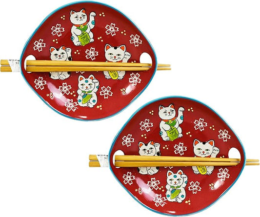 Ebros Red Maneki Neko Lucky Cat Appetizer Snack Serving Coupe Plate Dish With Chopsticks And Built In Rest Set Small Flat Bowl For Hors D'oeuvres Sushi Ice Cream Serveware Plates (2)