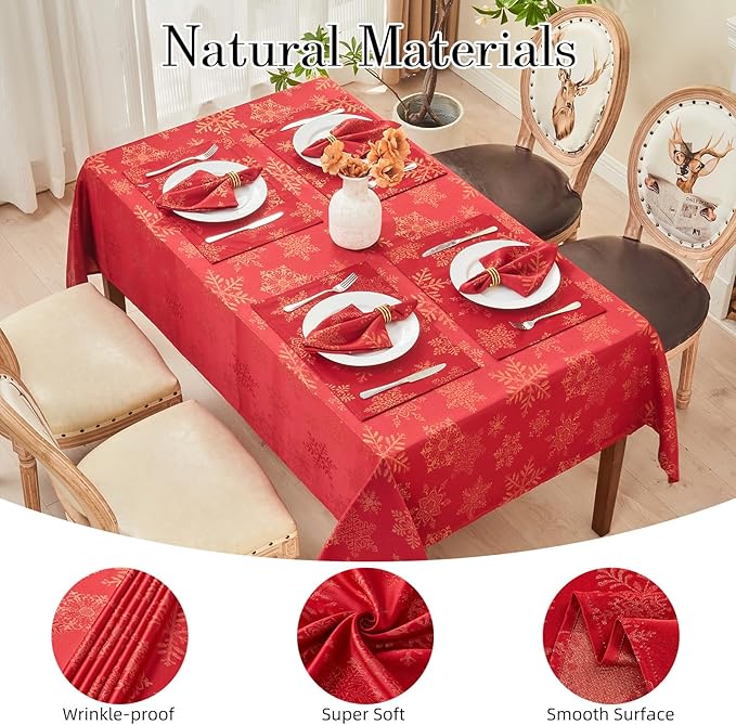 Rectangle Fancy Metallic Sparkling Snowflake Christmas Fabric Table Cloth red Hunter Gold Navy White Silver No-Iron Soil Resistant Woven Holiday Table Cover(Red Gold/60x104Inch)