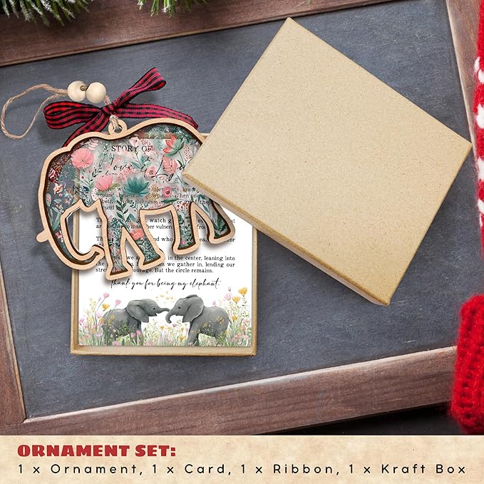 Elephant Ornaments - Elephant Gifts for Women - Best Friend Friendship Gifts for Women - Sisterhood, Friendship Ornament - Friends Gift for Christmas - Wood Acrylic Ornament & Card