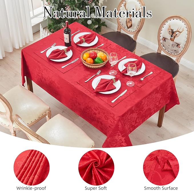 Rectangle Christmas Jacquard Table Cloth Waterproof Elegant Damask Floral Pattern Heavy Weight Wipeable Wrinkle Free Fabric Table Covers for Dinner or Daily Uses(Dark Red/60x104 Inch)
