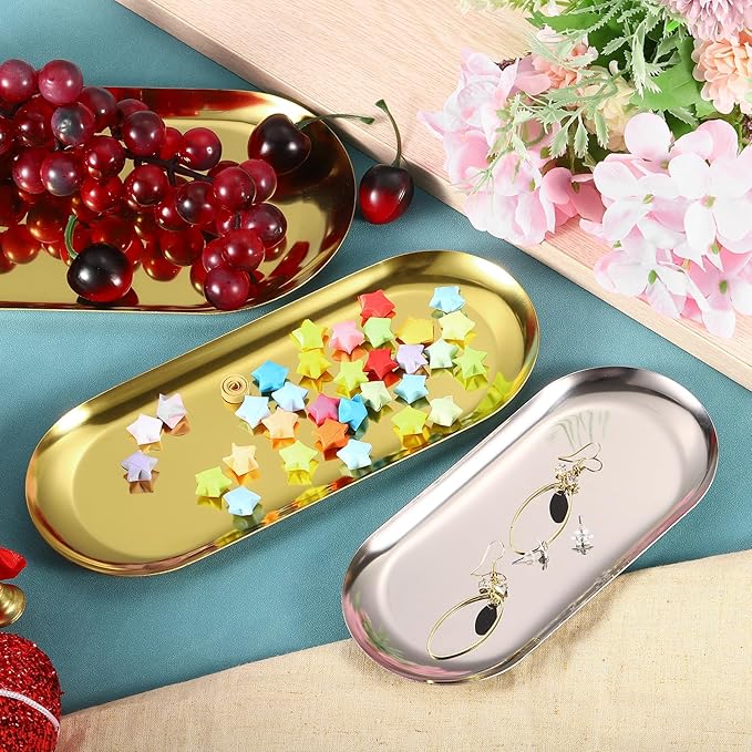 uxcell 6pcs Stainless Steel Decorative Trays, Bathroom Trays, Makeup Cosmetic Trays, Small Serving Trays for Candles Dessert Tray(Silver, 7 x 3.3 Inch)