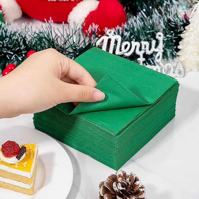 FLOWERCAT 100-Count 2-Ply Dark Green Napkins - Green Napkins Disposable Premium Quality - 5" x 5" Green Paper Napkin for Birthday Party,Bar,Super Bowl,Weddings&St.Paytick's Day