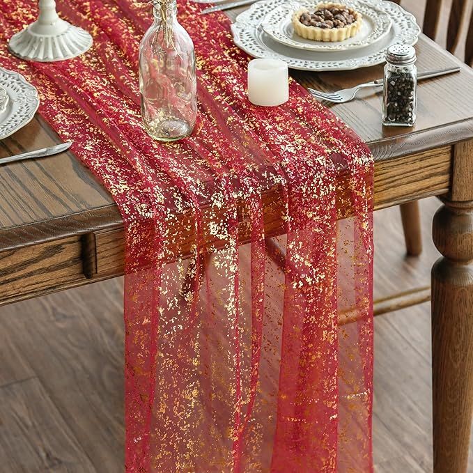 Artoid Mode Red Gold Gauze Table Runner 59x120 Inch 10FT, Glitter Metallic Foil Sheer Dining Wedding Anniversary Holiday Table Decor for Home Party