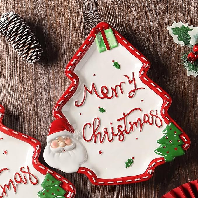 12.5 Inches Big Snacks Appetizer Trays Set, Christmas Tree Dessert Serving Dishes, Snack Platter, Food Cereal Salad Bowl, Santa Claus High Relief Bowl Ceramic Plate