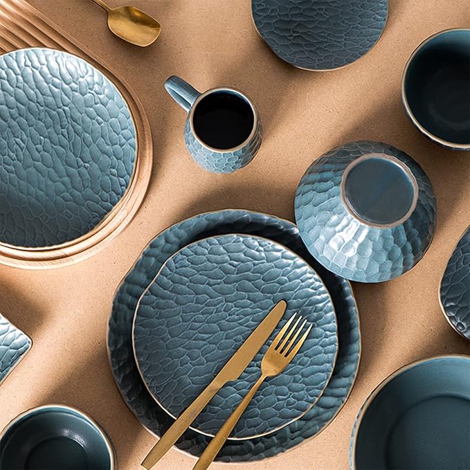 Ceramic Dinnerware Set, 17 Pcs Matte Blue Porcelain Dinner Set, Porcelain Bowls and Plates Sets Nordic Style, Tableware Combination Set, Cereal Bowl/Soup Plate/Mug Set Service for 4