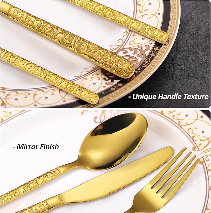 24 Pcs Gold Hammered Silverware Set Service for 6,Stone Pattern Vintage Stainless Steel Flatware Set,Cutlery Utensil,Durable Kitchen Eating Tableware Set,Ripple Fork Knife Spoon Set,Dishwasher Safe