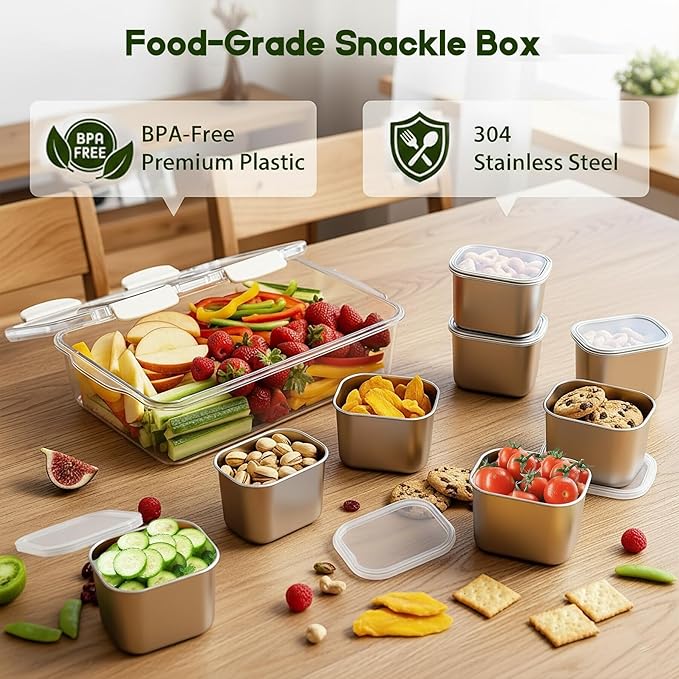 Snackle Box Container, 304 Stainless Steel Divided Serving Tray with Lid and Handle, Portable 8 Compartments Veggie Tray for Fruits,Veggies,Nuts &Candy, Dishwasher Safe for Travel,Picnic,Beach&Parties