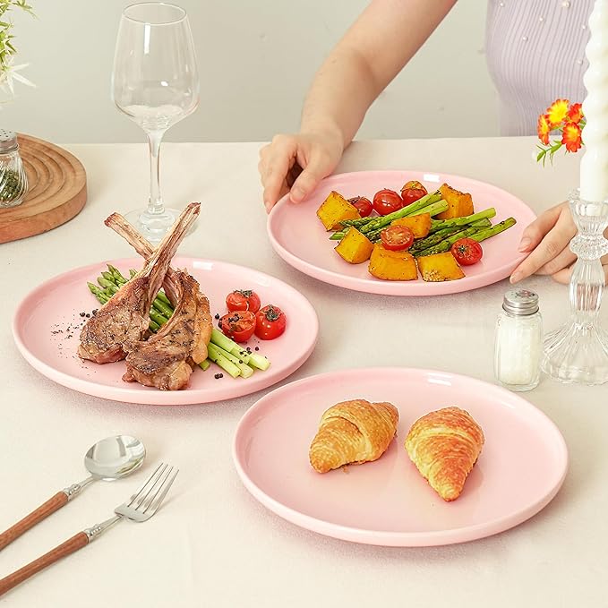 8-Inch Plates Set of 4, Dual Glaze Stoneware Plate, Microwave and Dishwasher Safe, Ceramic Plates for Salads & Desserts, Pink