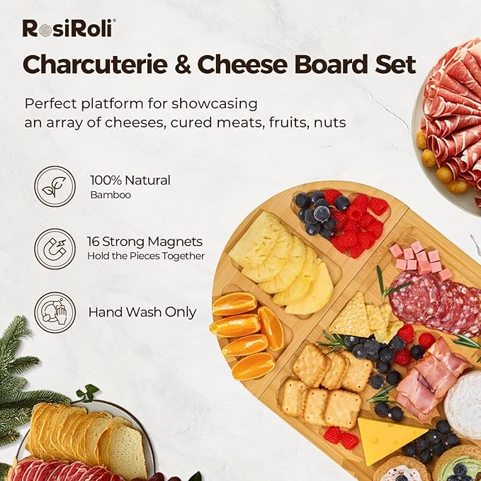 2Pack Charcuterie Board & Serving Set -Natural Bamboo Cheese Board with Magnetic Closure- Snack Tray Set, Perfert House Warming, Wedding & Couple Gift