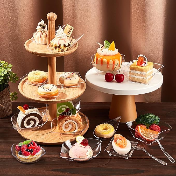 Tessco for you 100 Pcs Mini Appetizer Plates Set, Disposable Dessert Plates Assorted Shape Mini Plastic Spoons for Wedding Party Birthday (Clear)