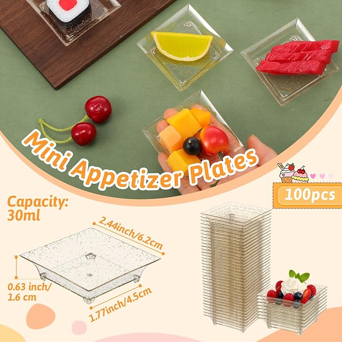 100 Pcs Mini Appetizer Plates Bulk 1 oz 2.4 Inch Square Plastic Dessert Plates Disposable Appetizer Tray for Wedding Shower Valentine's Salad Cake Afternoon Tea Birthday Party (Gold)