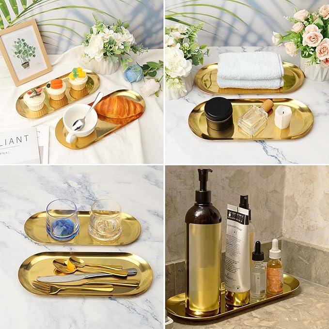 8 Pack 12 Inch Oval Stainless Steel Decorative Tray, Stainless Steel Tea Fruit Tray, 12 inch Gold Oval Trays for Bathroom Vanity, Jewelry, Perfume & Key Organizer (Gold)