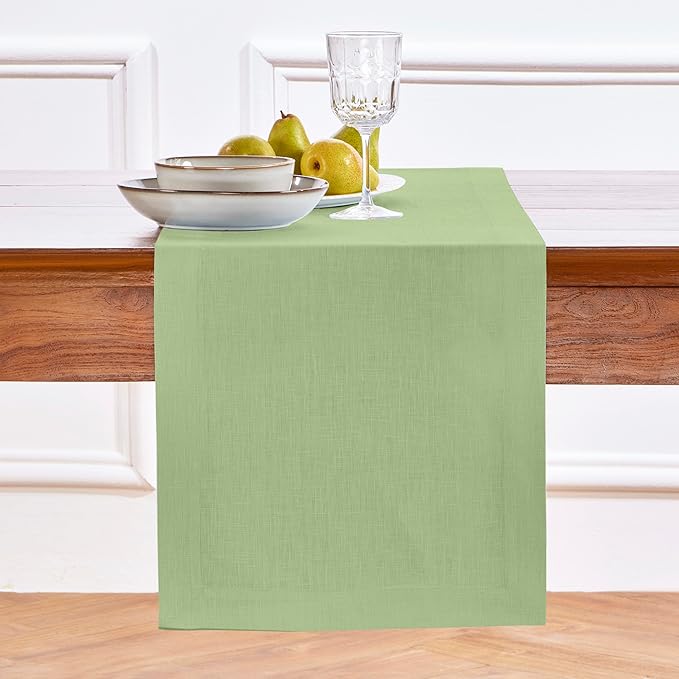 Solino Home Linen Laurel Green Table Runner 144 Inches Long - 100% Pure Linen Extra Long Table Runner 14 x 144 Inch - Fete