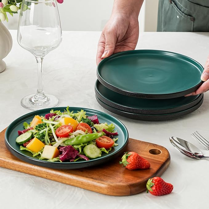 Salad & Dessert Plates, 8 Inch Small Dinner Plates Sets for 4, Dishwasher & Microwave Safe, Porcelain Dinner Dishes for Cake, Fruits, Waffle, Pasta, Salad, Modern Green