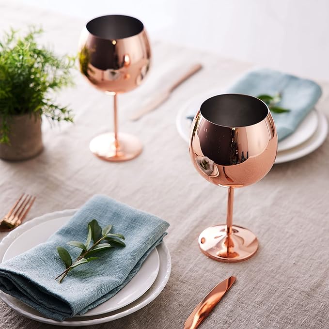 Oak & Steel - 24oz Big Gin and Tonic Glasses Set of 4 (Rose Gold) Stainless Steel, Balloon Glasses, Gin Cocktail for Wedding, Birthday, Beach & Pool Party