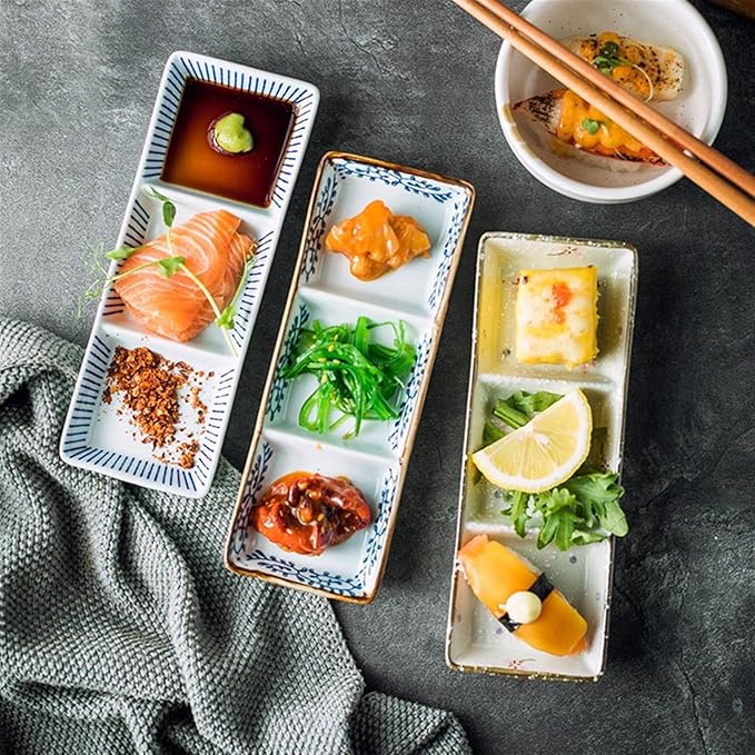 Sauce Dish Three Compartment Plate Ceramic Plate Sauce Bowl Sushi Dish Plate Multi Compartment Sauce Dish Vinegar Dish Plate Small Plate Snack Plate(A)