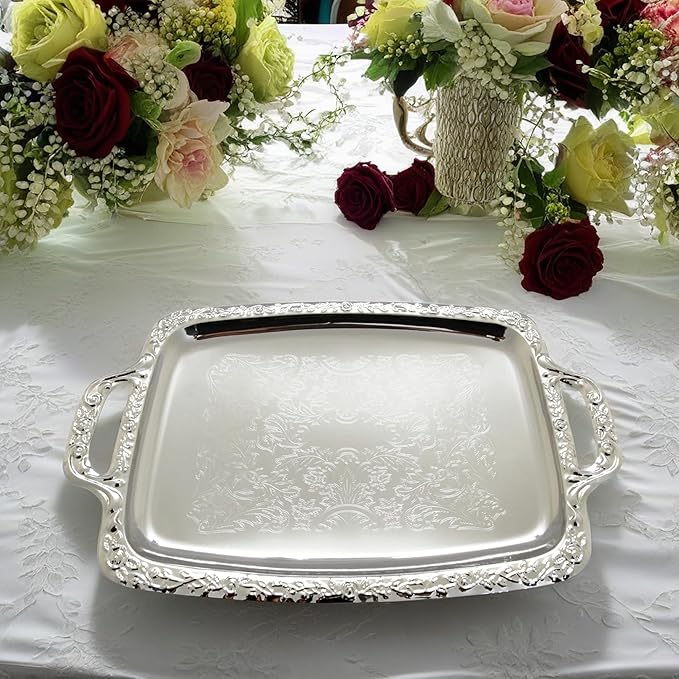 (Pack of 4) 17.7" x 10.6" Unique Rectangular Vintage Chrome Plated Serving Tray with Handle Floral Engraved Wedding Birthday Buffet Party Dessert Food Snack Wine Platter T140-4PK