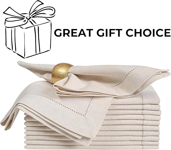 Homidate Linen Flax Cotton Cloth Dinner Napkins Set of 12 – 18x18 Natural Fabric with Hemstitched Mitered Corners – Machine Washable Wedding, Cocktail & Party Table Napkins